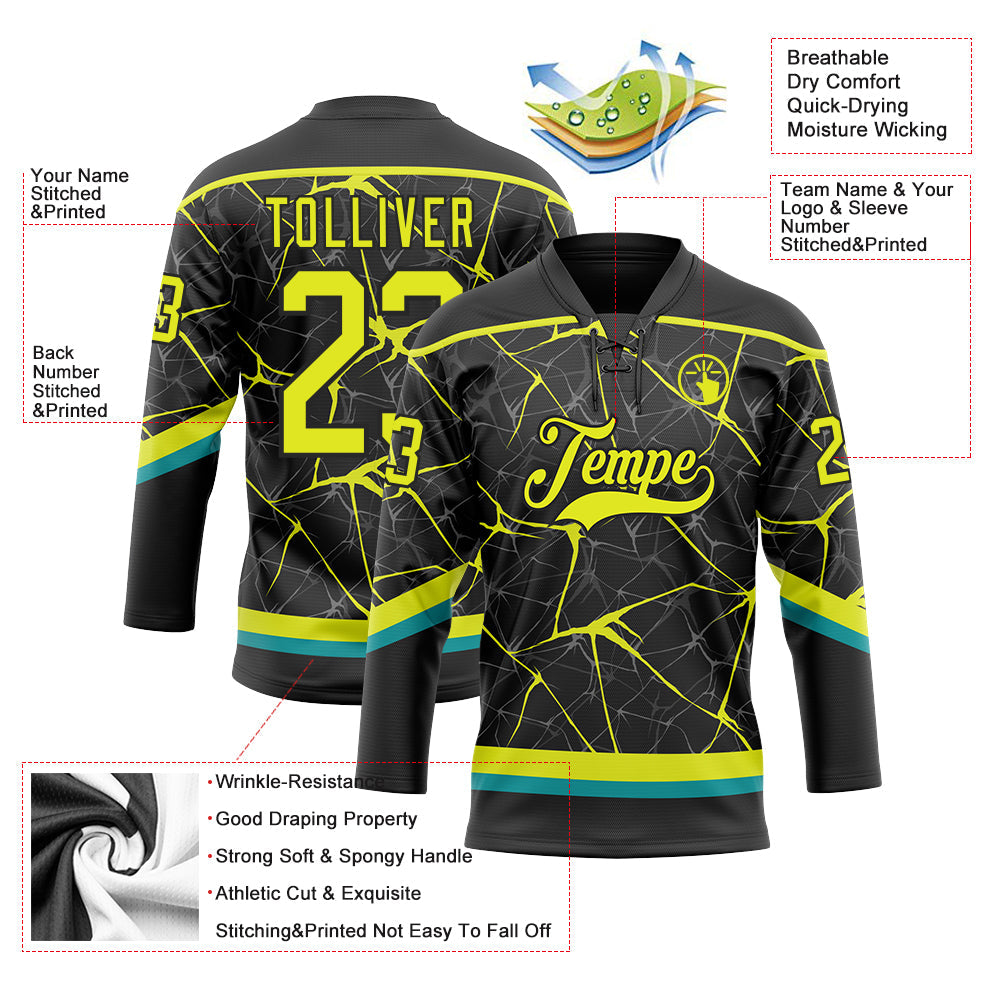 Custom Black Neon Yellow-Teal 3D Pattern Abstract Network Hockey Lace Neck Jersey view 3