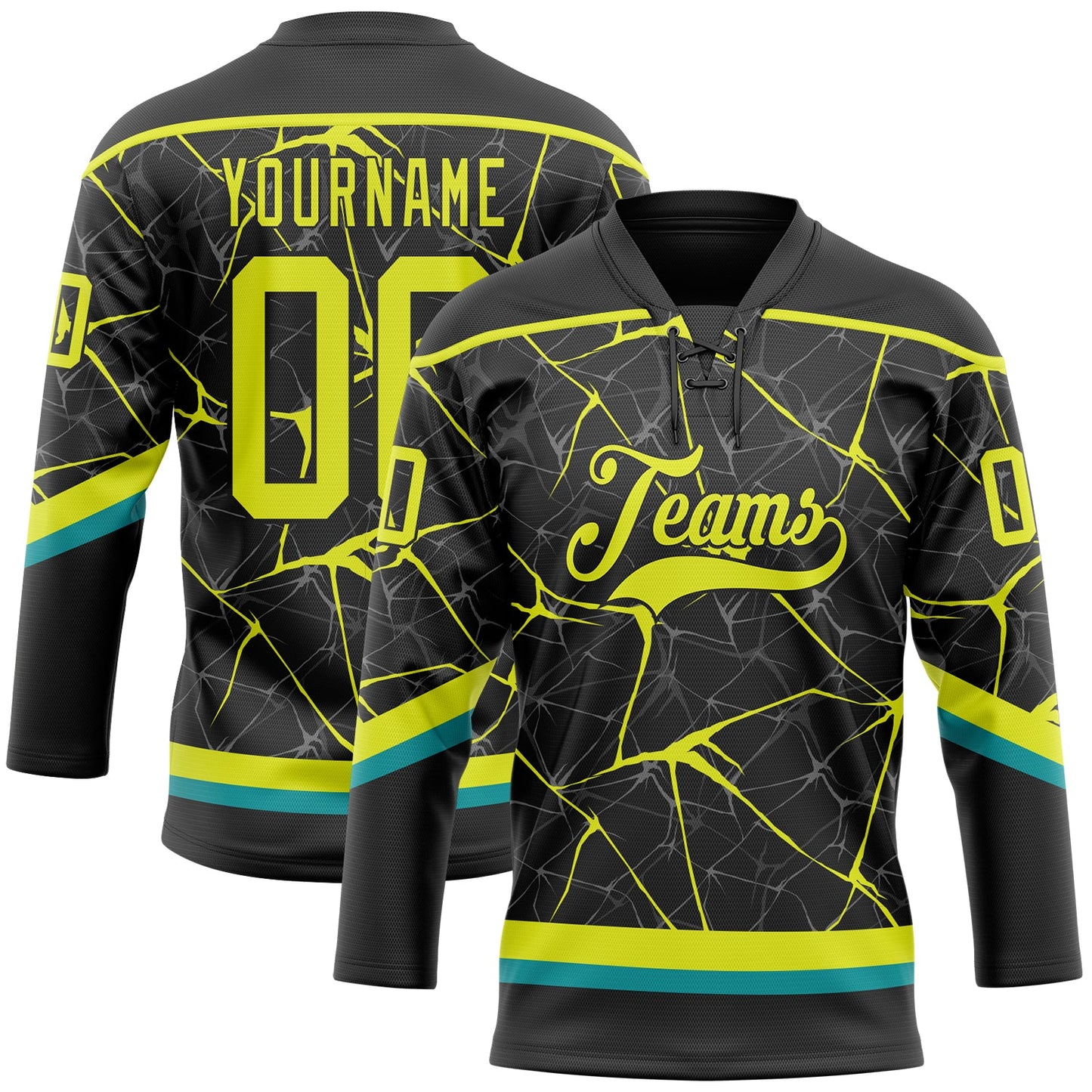 Custom Black Neon Yellow-Teal 3D Pattern Abstract Network Hockey Lace Neck Jersey - Main View