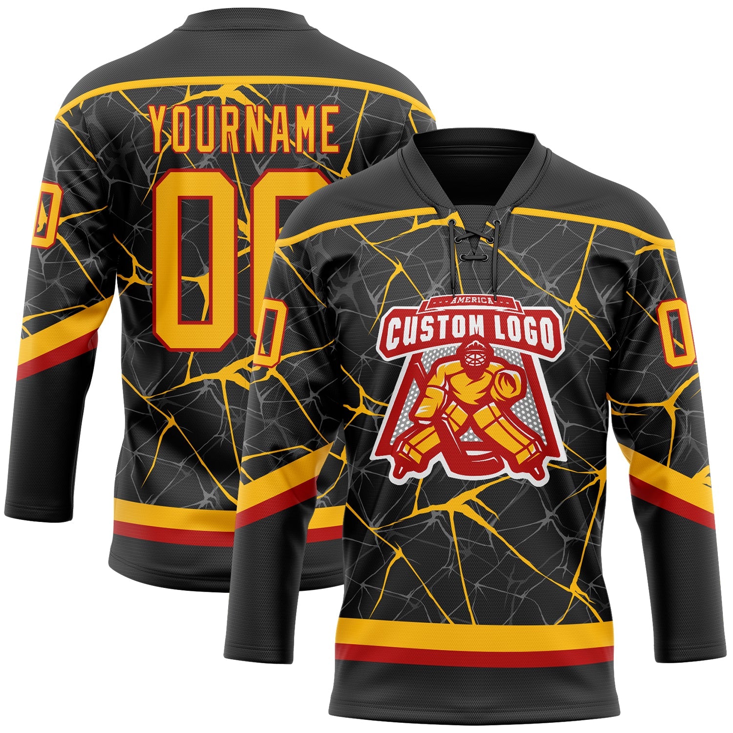 Custom Black Gold-Red 3D Pattern Abstract Network Hockey Lace Neck Jersey view 2