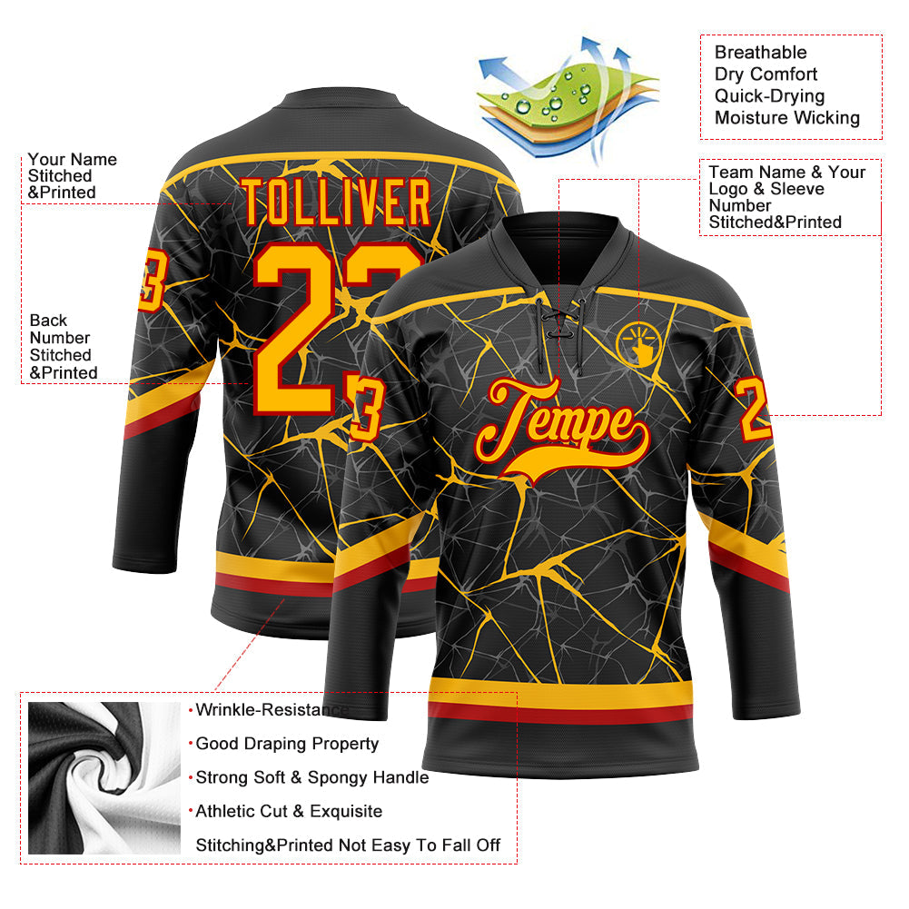 Custom Black Gold-Red 3D Pattern Abstract Network Hockey Lace Neck Jersey view 3