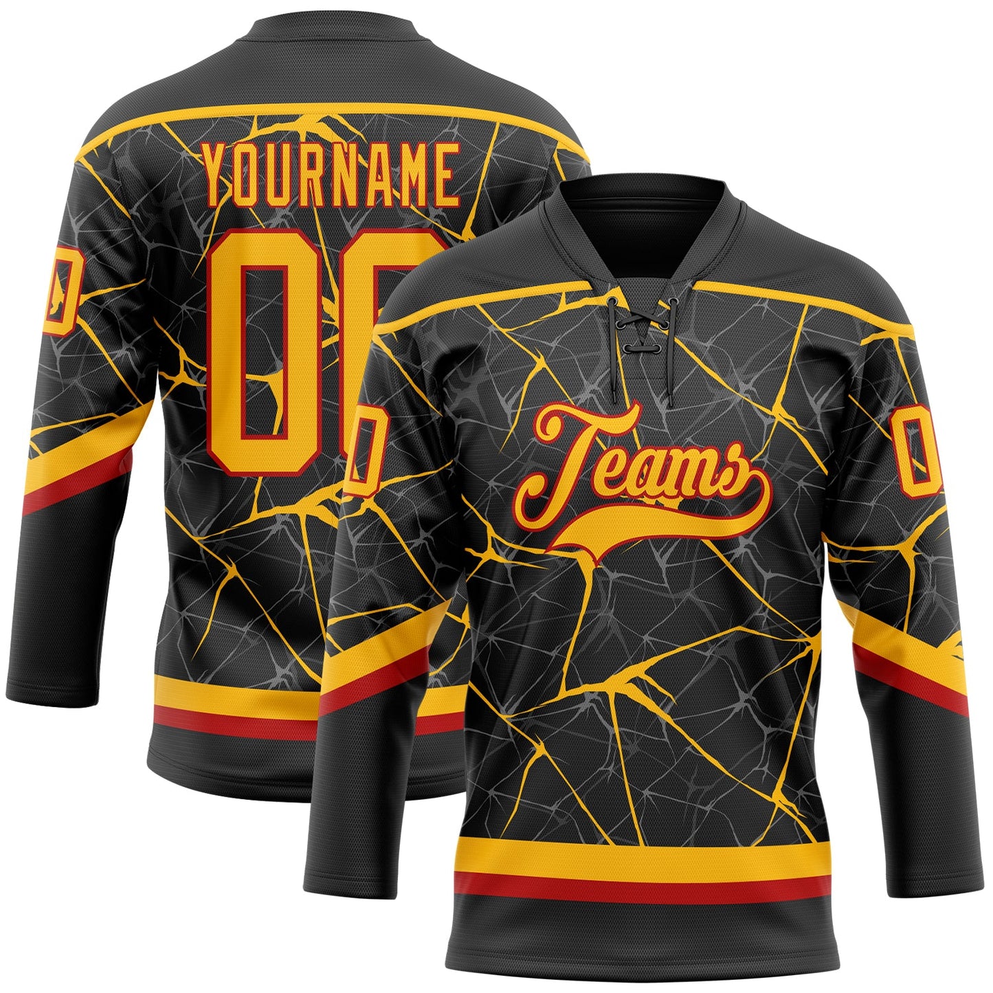 Custom Black Gold-Red 3D Pattern Abstract Network Hockey Lace Neck Jersey - Main View