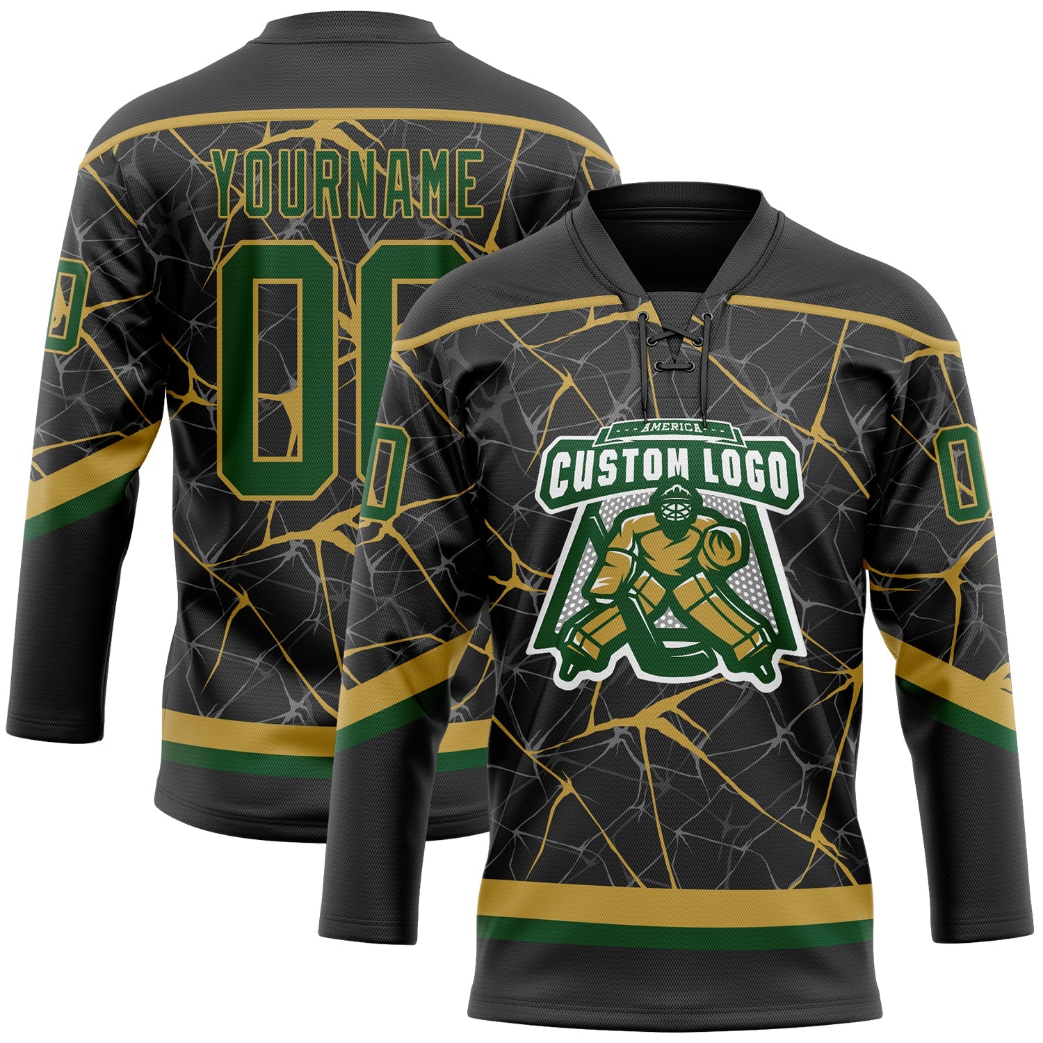 Custom Black Green-Old Gold 3D Pattern Abstract Network Hockey Lace Neck Jersey view 2