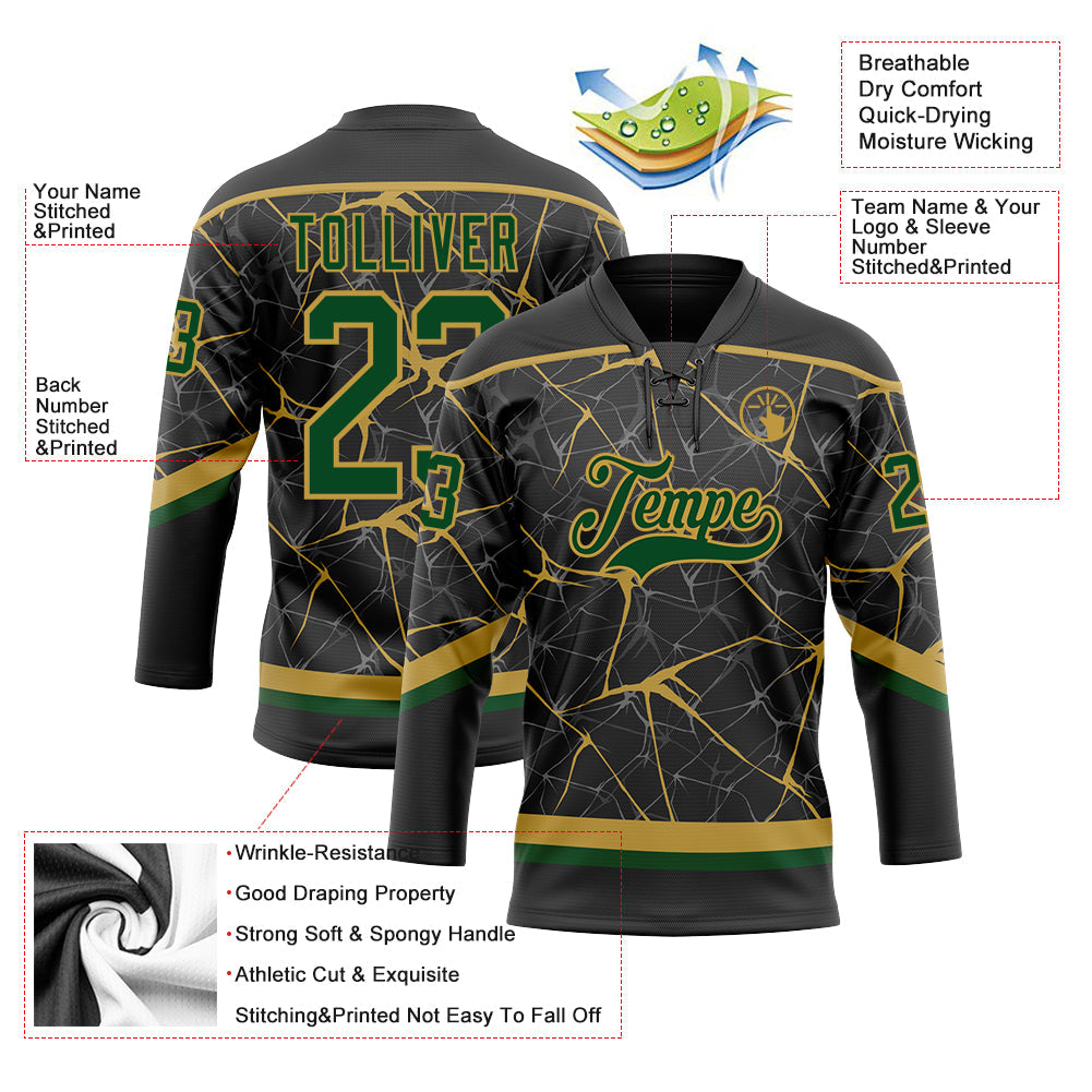 Custom Black Green-Old Gold 3D Pattern Abstract Network Hockey Lace Neck Jersey view 3