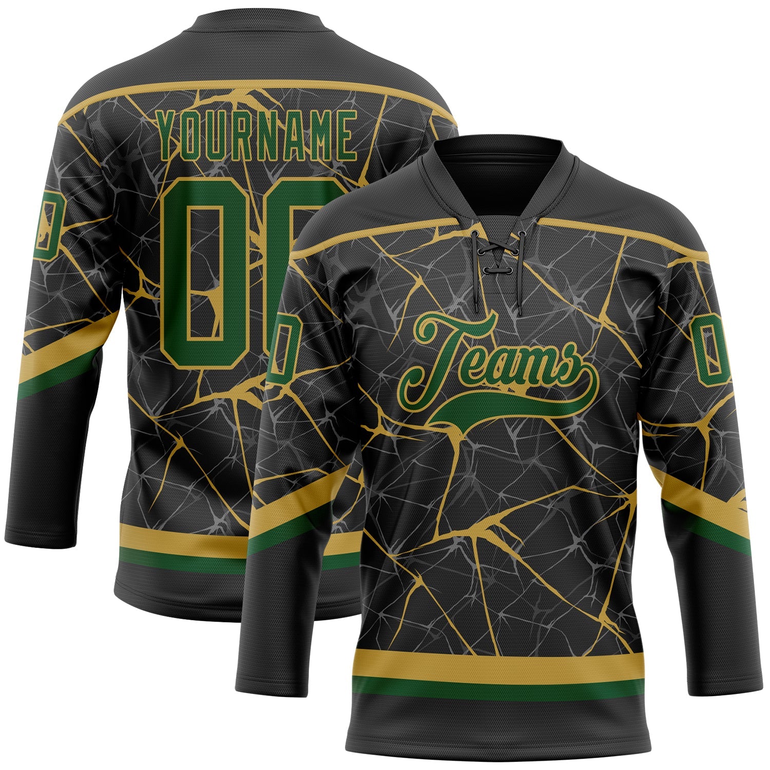 Custom Black Green-Old Gold 3D Pattern Abstract Network Hockey Lace Neck Jersey - Main View