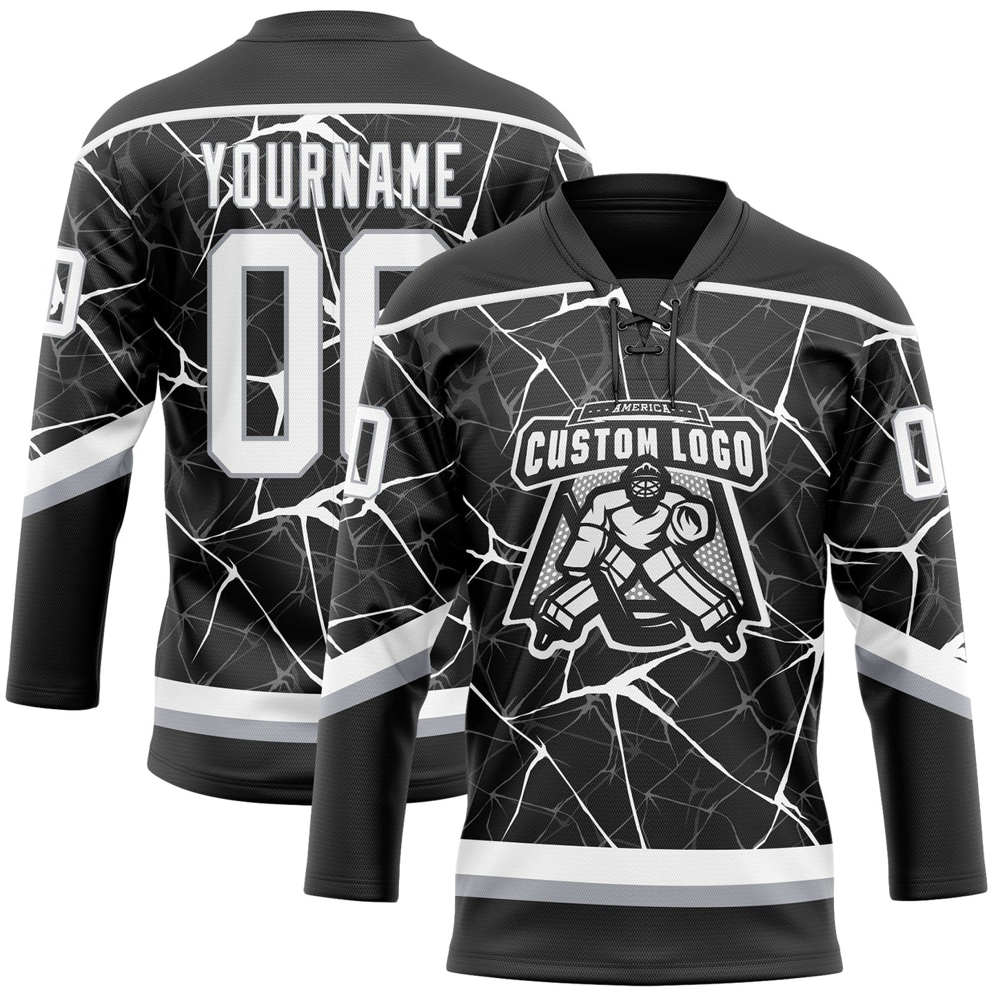 Custom Black White-Gray 3D Pattern Abstract Network Hockey Lace Neck Jersey view 2