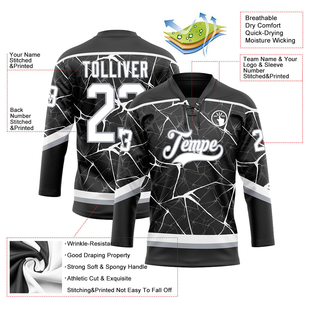 Custom Black White-Gray 3D Pattern Abstract Network Hockey Lace Neck Jersey view 3