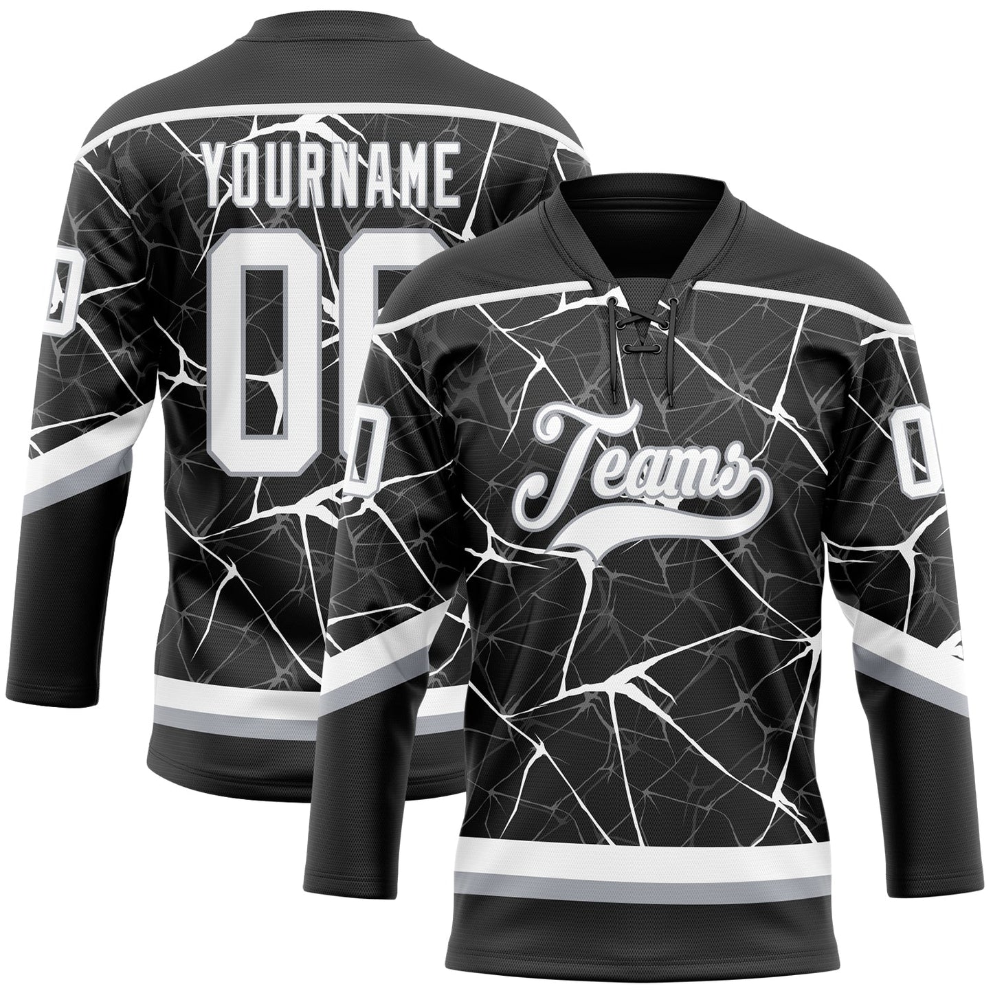 Custom Black White-Gray 3D Pattern Abstract Network Hockey Lace Neck Jersey - Main View