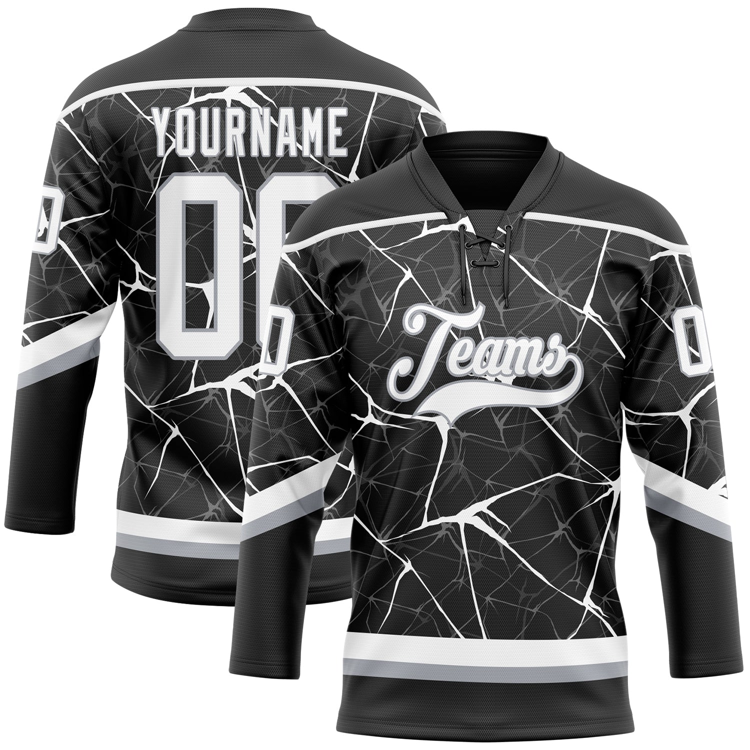 Custom Black White-Gray 3D Pattern Abstract Network Hockey Lace Neck Jersey - Main View