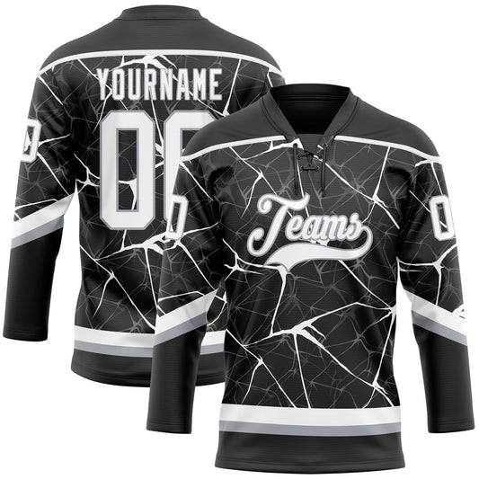Custom Black White-Gray 3D Pattern Abstract Network Hockey Lace Neck Jersey - Main View