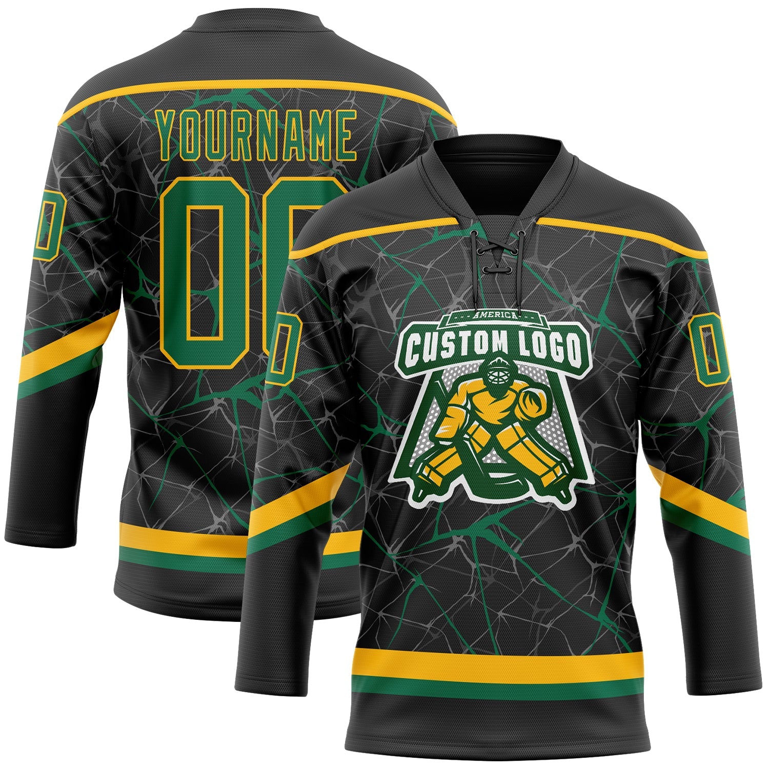 Custom Black Kelly Green-Gold 3D Pattern Abstract Network Hockey Lace Neck Jersey view 2