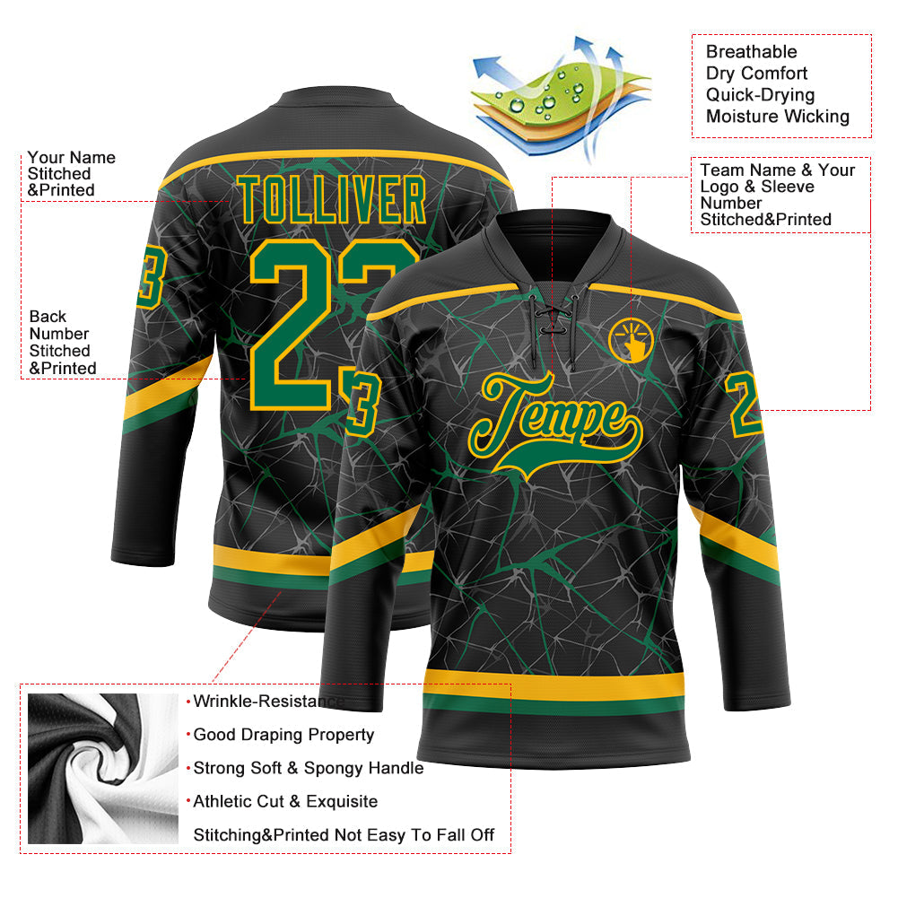 Custom Black Kelly Green-Gold 3D Pattern Abstract Network Hockey Lace Neck Jersey view 3