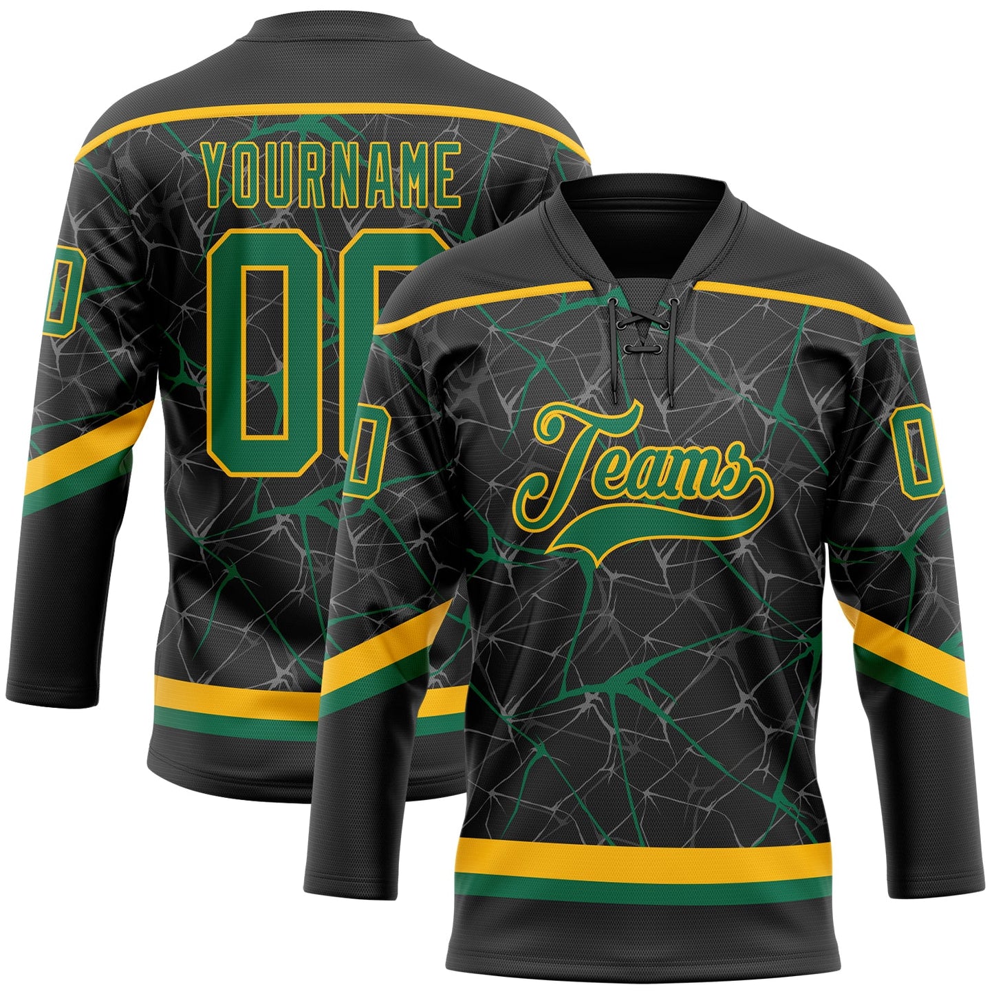 Custom Black Kelly Green-Gold 3D Pattern Abstract Network Hockey Lace Neck Jersey - Main View