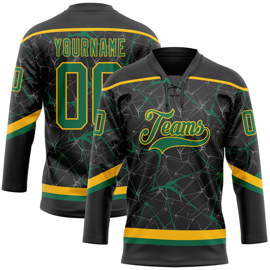 Custom Black Kelly Green-Gold 3D Pattern Abstract Network Hockey Lace Neck Jersey - Main View
