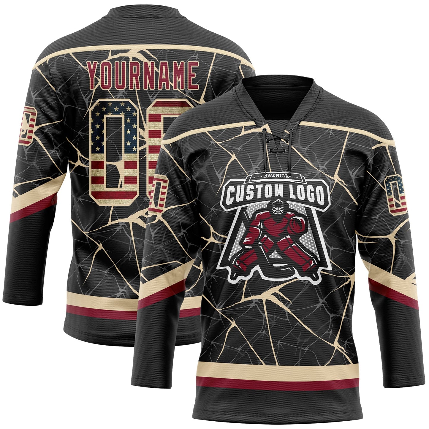Custom Black Vintage USA Flag Crimson-City Cream 3D Pattern Abstract Network Hockey Lace Neck Jersey view 2