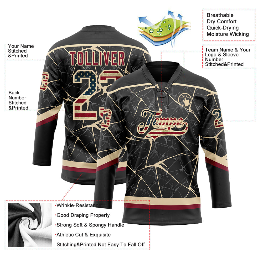 Custom Black Vintage USA Flag Crimson-City Cream 3D Pattern Abstract Network Hockey Lace Neck Jersey view 3