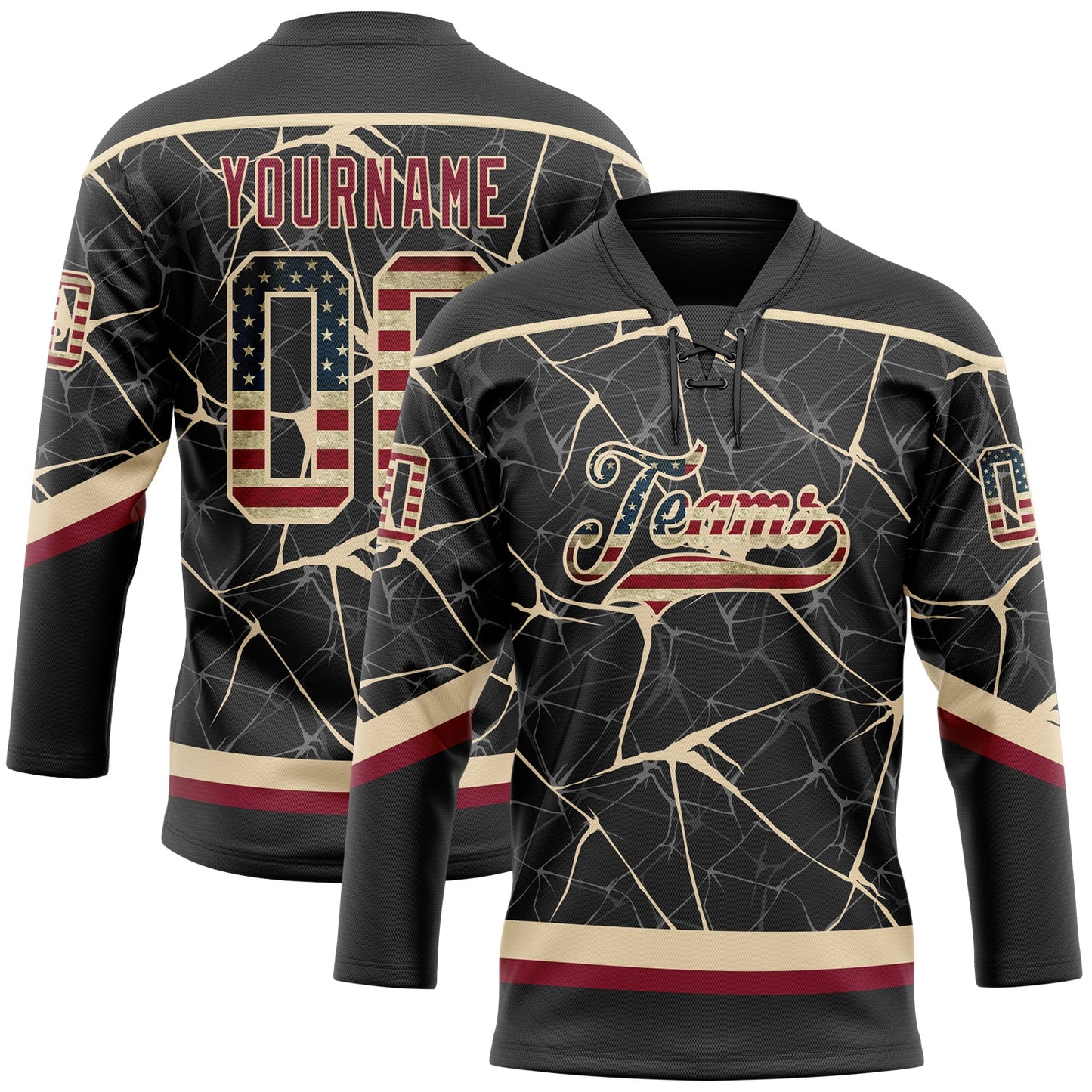 Custom Black Vintage USA Flag Crimson-City Cream 3D Pattern Abstract Network Hockey Lace Neck Jersey - Main View