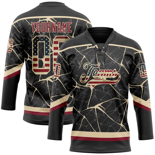 Custom Black Vintage USA Flag Crimson-City Cream 3D Pattern Abstract Network Hockey Lace Neck Jersey - Main View