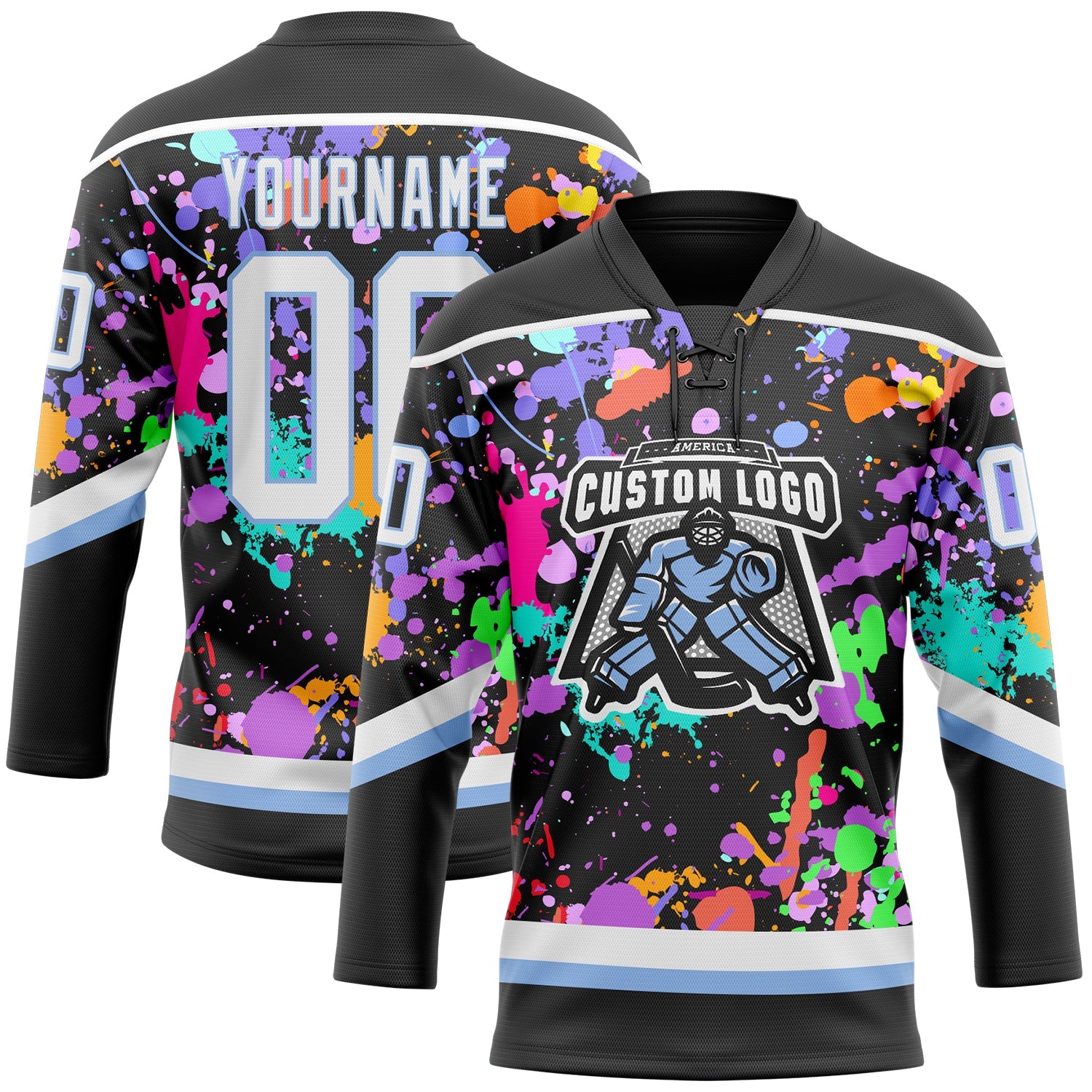 Custom Graffiti Pattern White Black-Light Blue 3D Pattern Splash Art Hockey Lace Neck Jersey view 2