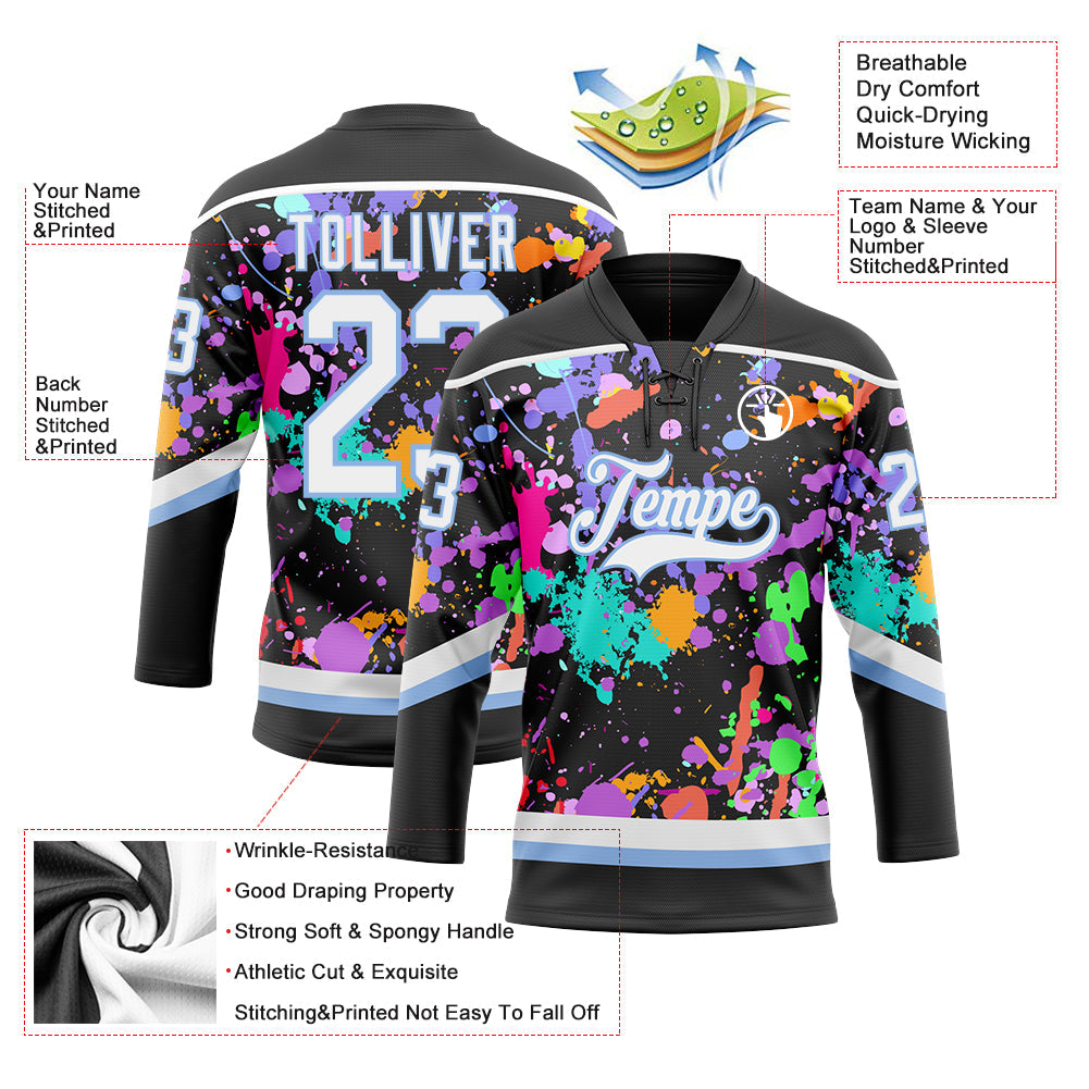 Custom Graffiti Pattern White Black-Light Blue 3D Pattern Splash Art Hockey Lace Neck Jersey view 3
