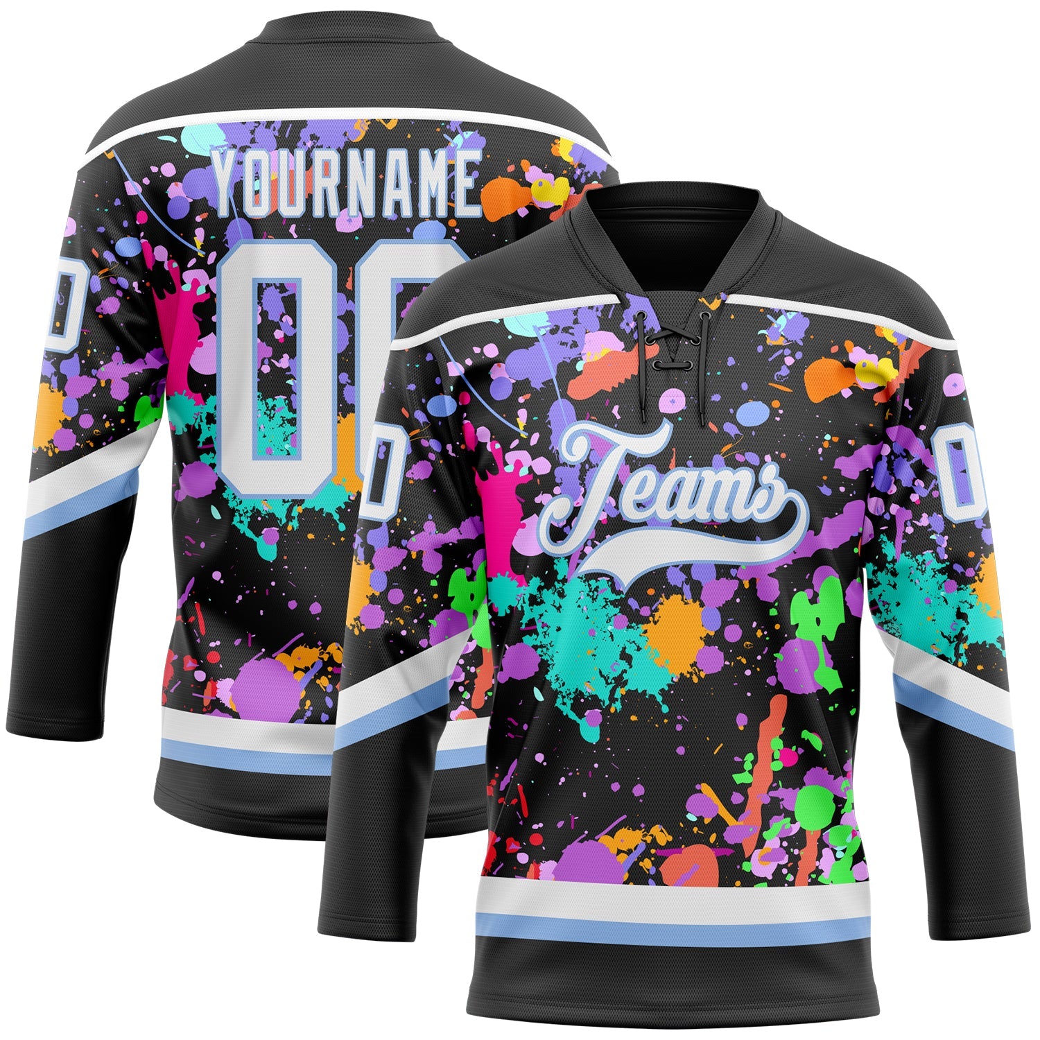 Custom Graffiti Pattern White Black-Light Blue 3D Pattern Splash Art Hockey Lace Neck Jersey - Main View