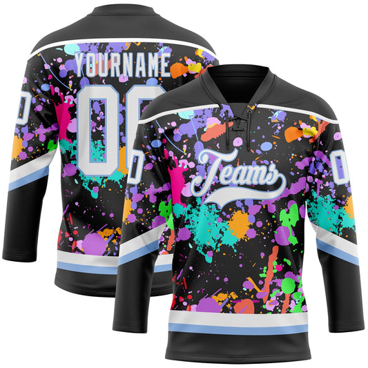 Custom Graffiti Pattern White Black-Light Blue 3D Pattern Splash Art Hockey Lace Neck Jersey - Main View