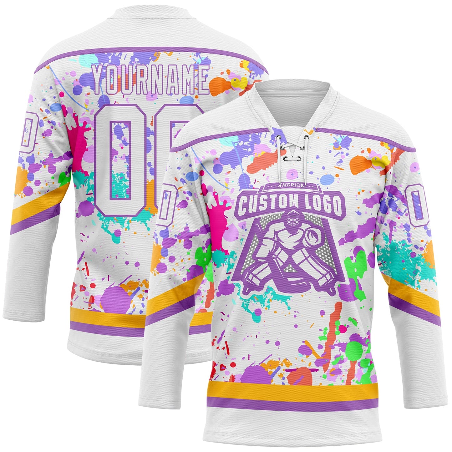 Custom Graffiti Pattern White Medium Purple-Gold 3D Splash Art Hockey Lace Neck Jersey view 2
