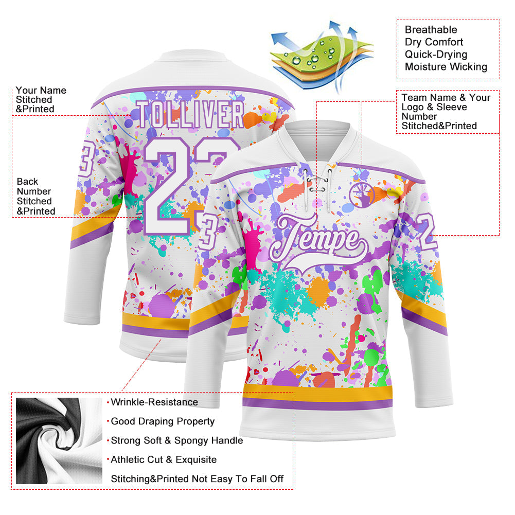 Custom Graffiti Pattern White Medium Purple-Gold 3D Splash Art Hockey Lace Neck Jersey view 3