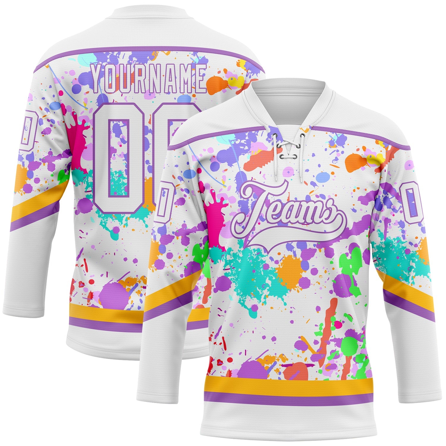 Custom Graffiti Pattern White Medium Purple-Gold 3D Splash Art Hockey Lace Neck Jersey - Main View