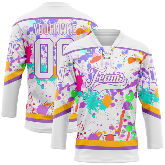 Custom Graffiti Pattern White Medium Purple-Gold 3D Splash Art Hockey Lace Neck Jersey - Main View