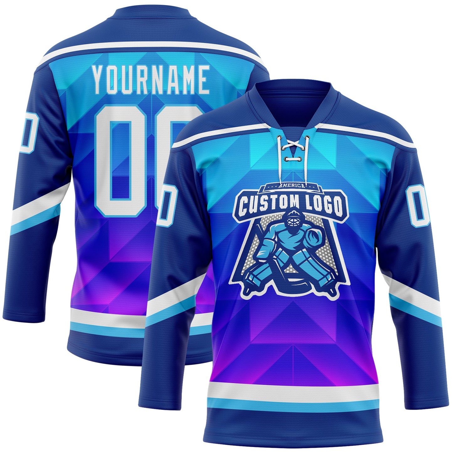 Custom Blue White Sky Blue-Purple 3D Pattern Gradient Geometric Shape Hockey Lace Neck Jersey view 2