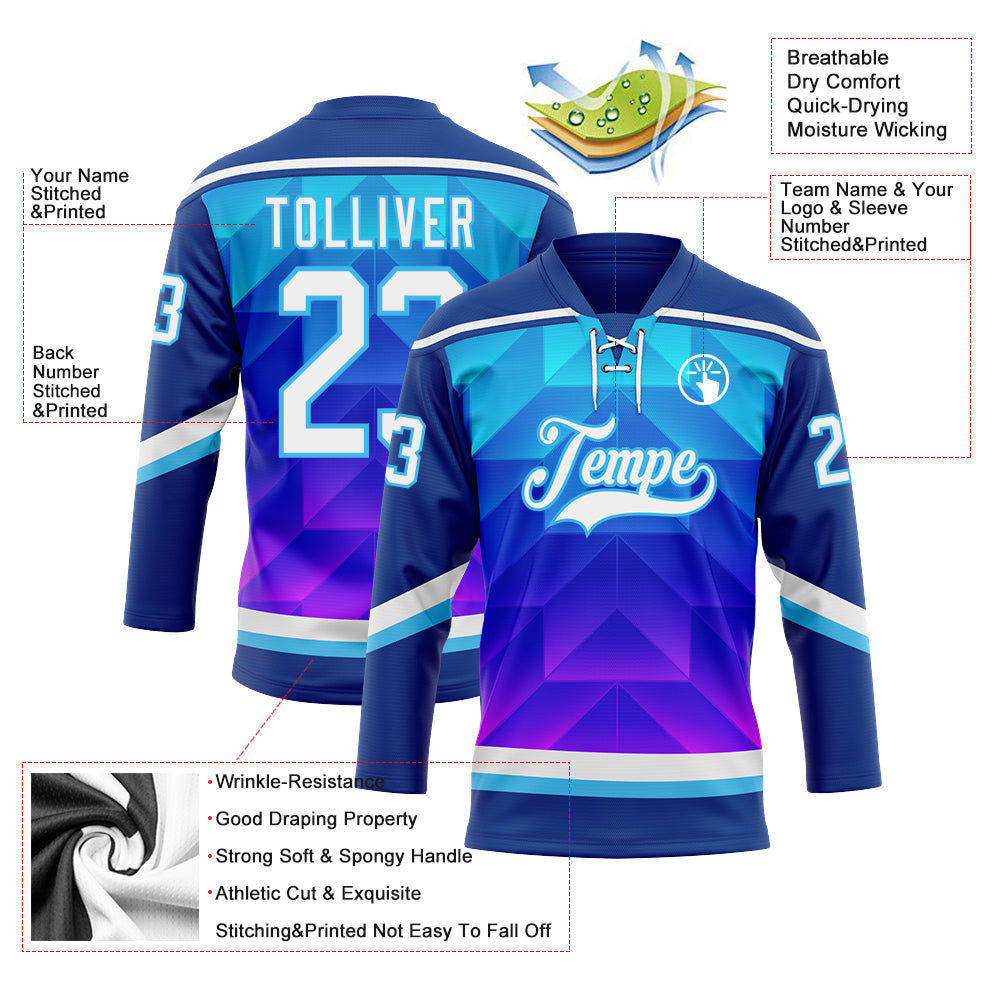 Custom Blue White Sky Blue-Purple 3D Pattern Gradient Geometric Shape Hockey Lace Neck Jersey view 3