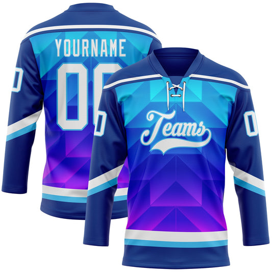 Custom Blue White Sky Blue-Purple 3D Pattern Gradient Geometric Shape Hockey Lace Neck Jersey - Main View