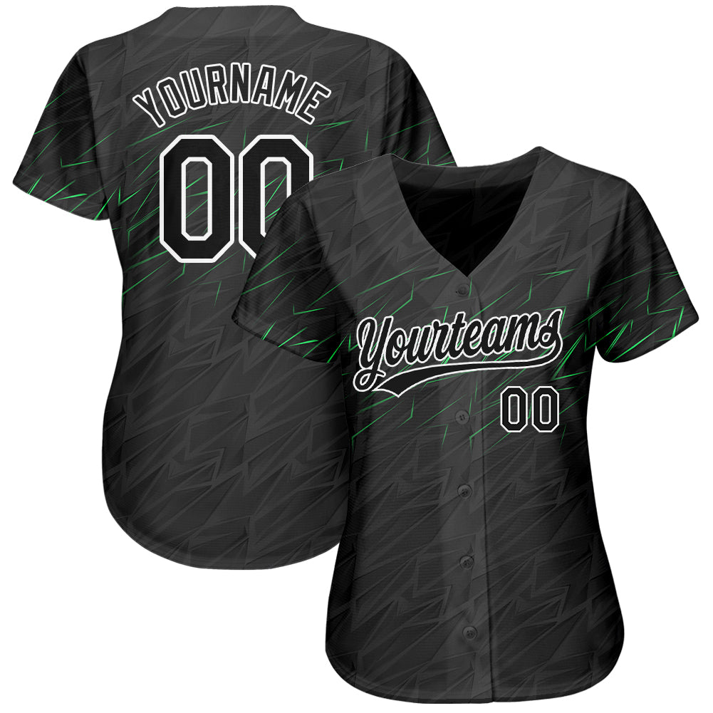 Custom Black Black White-Neon Green 3D Pattern Design Authentic Baseball Jersey view 2