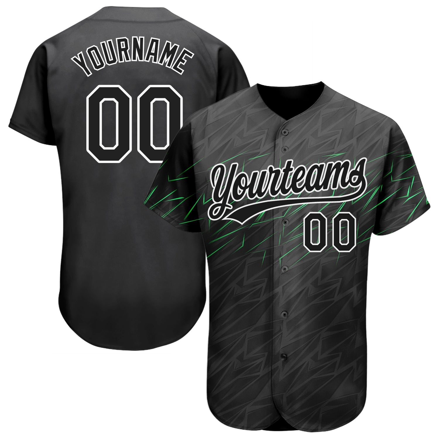 Custom Black Black White-Neon Green 3D Pattern Design Authentic Baseball Jersey - Main View