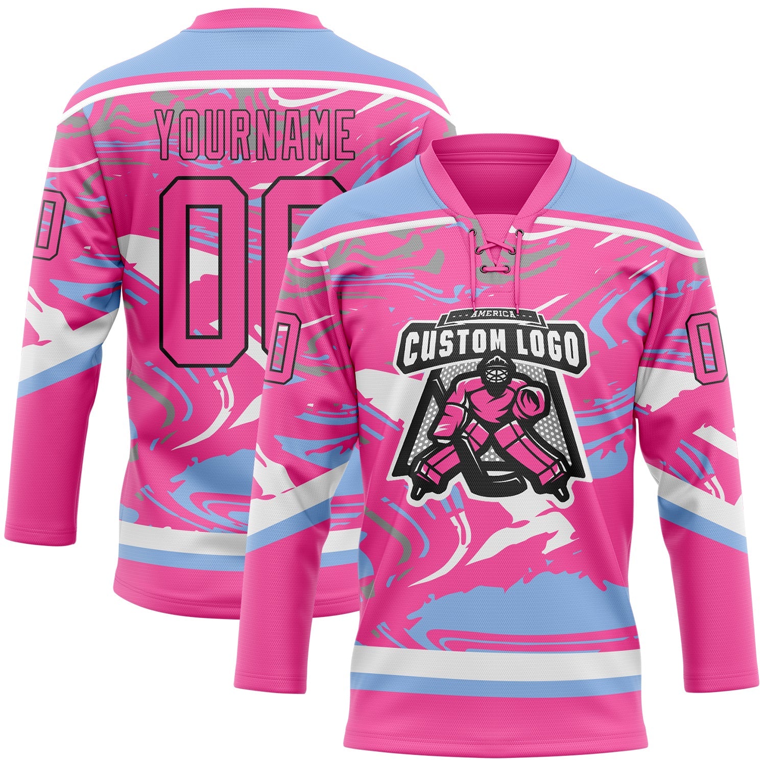 Custom Figure Pink Light Blue Black-White 3D Pattern Fluid Art Hockey Lace Neck Jersey view 2