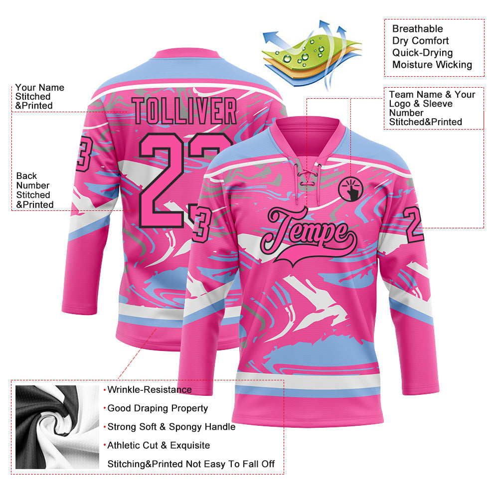 Custom Figure Pink Light Blue Black-White 3D Pattern Fluid Art Hockey Lace Neck Jersey view 3