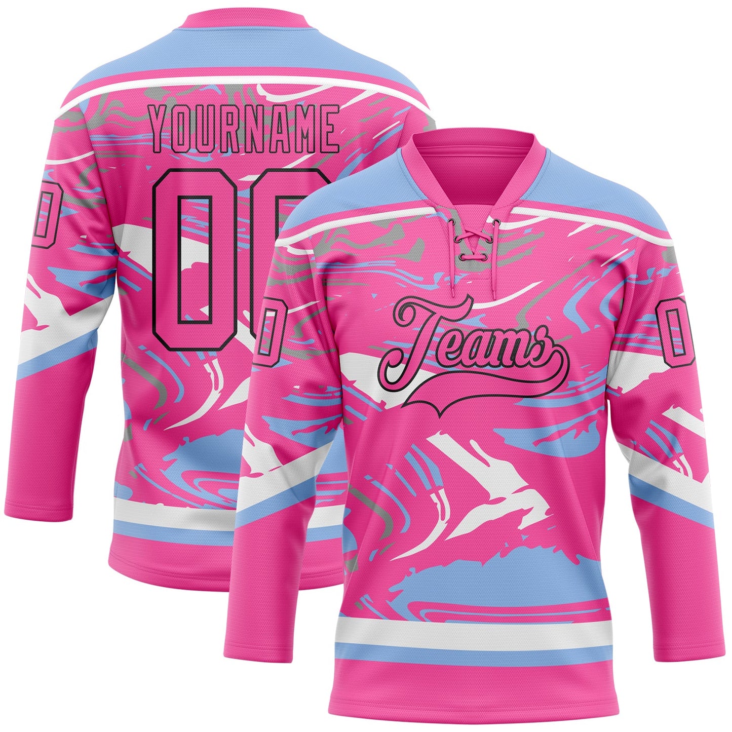 Custom Figure Pink Light Blue Black-White 3D Pattern Fluid Art Hockey Lace Neck Jersey - Main View