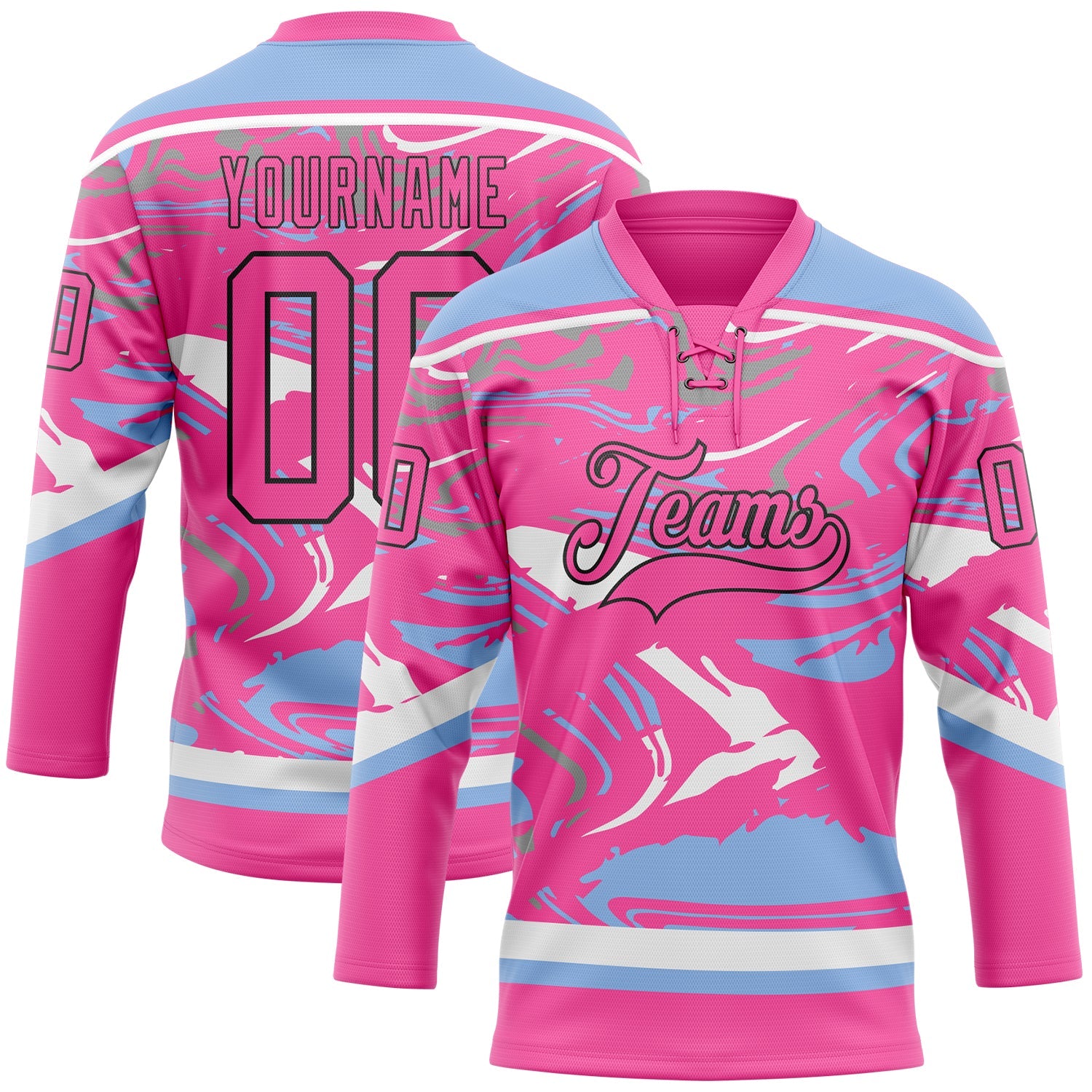 Custom Figure Pink Light Blue Black-White 3D Pattern Fluid Art Hockey Lace Neck Jersey - Main View