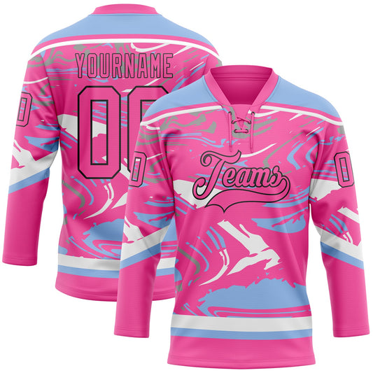 Custom Figure Pink Light Blue Black-White 3D Pattern Fluid Art Hockey Lace Neck Jersey - Main View