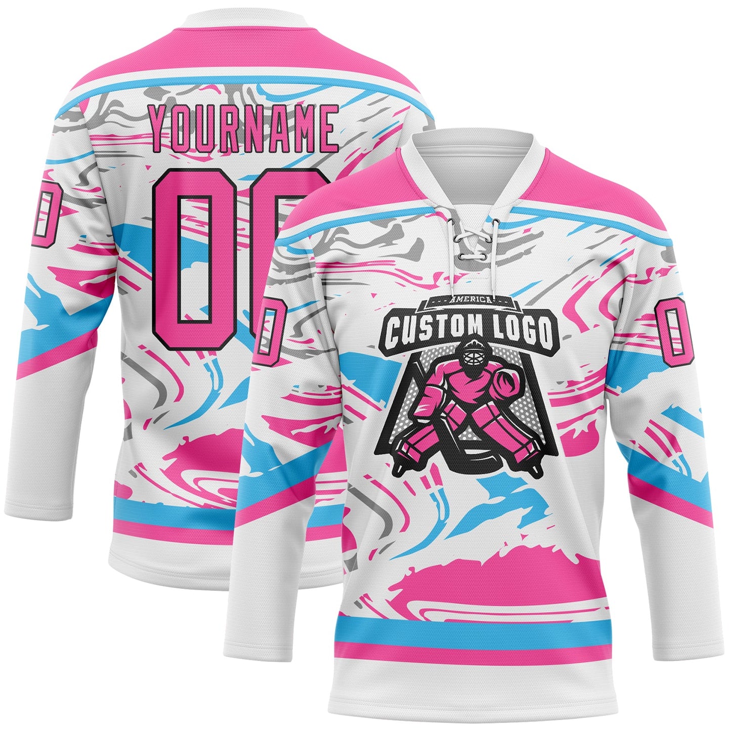 Custom Figure Pink White Sky Blue-Black 3D Pattern Fluid Art Hockey Lace Neck Jersey view 2