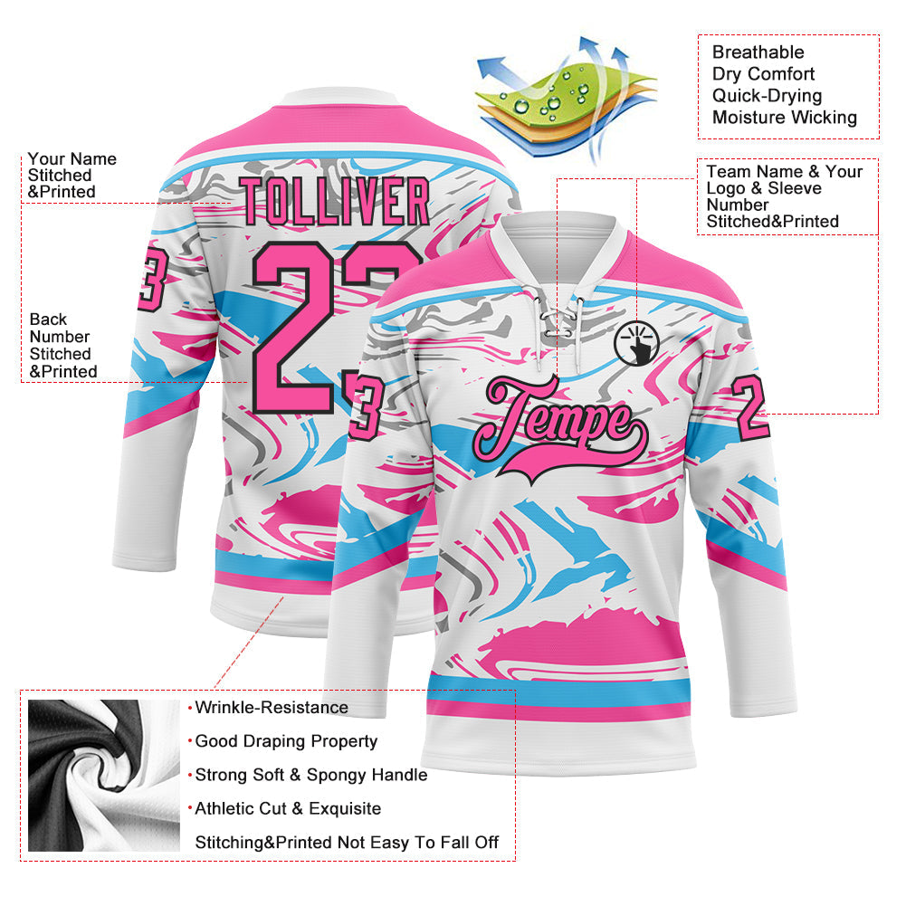 Custom Figure Pink White Sky Blue-Black 3D Pattern Fluid Art Hockey Lace Neck Jersey view 3