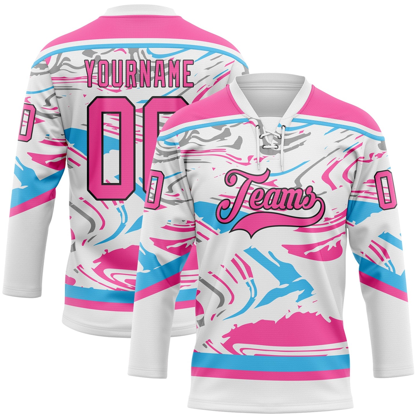 Custom Figure Pink White Sky Blue-Black 3D Pattern Fluid Art Hockey Lace Neck Jersey - Main View