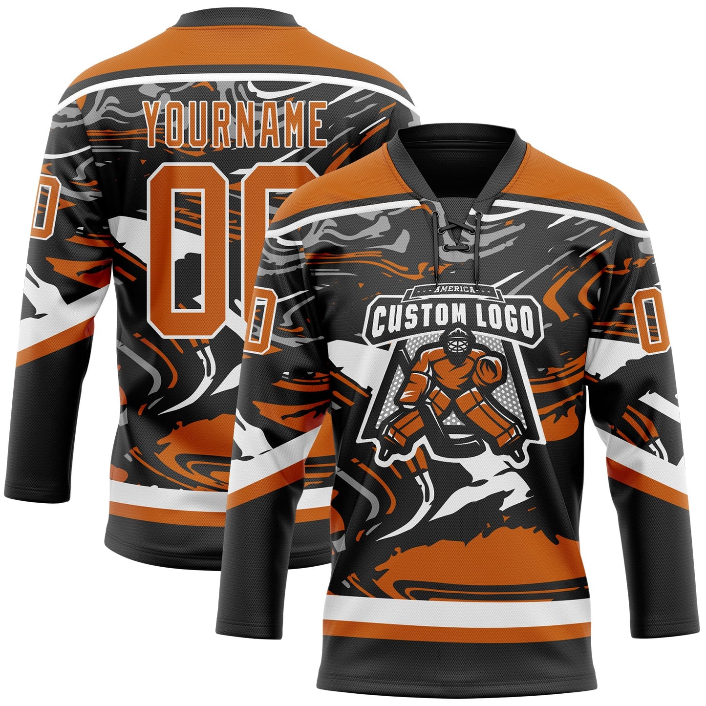 Custom Figure Texas Orange Black-White 3D Pattern Fluid Art Hockey Lace Neck Jersey view 2