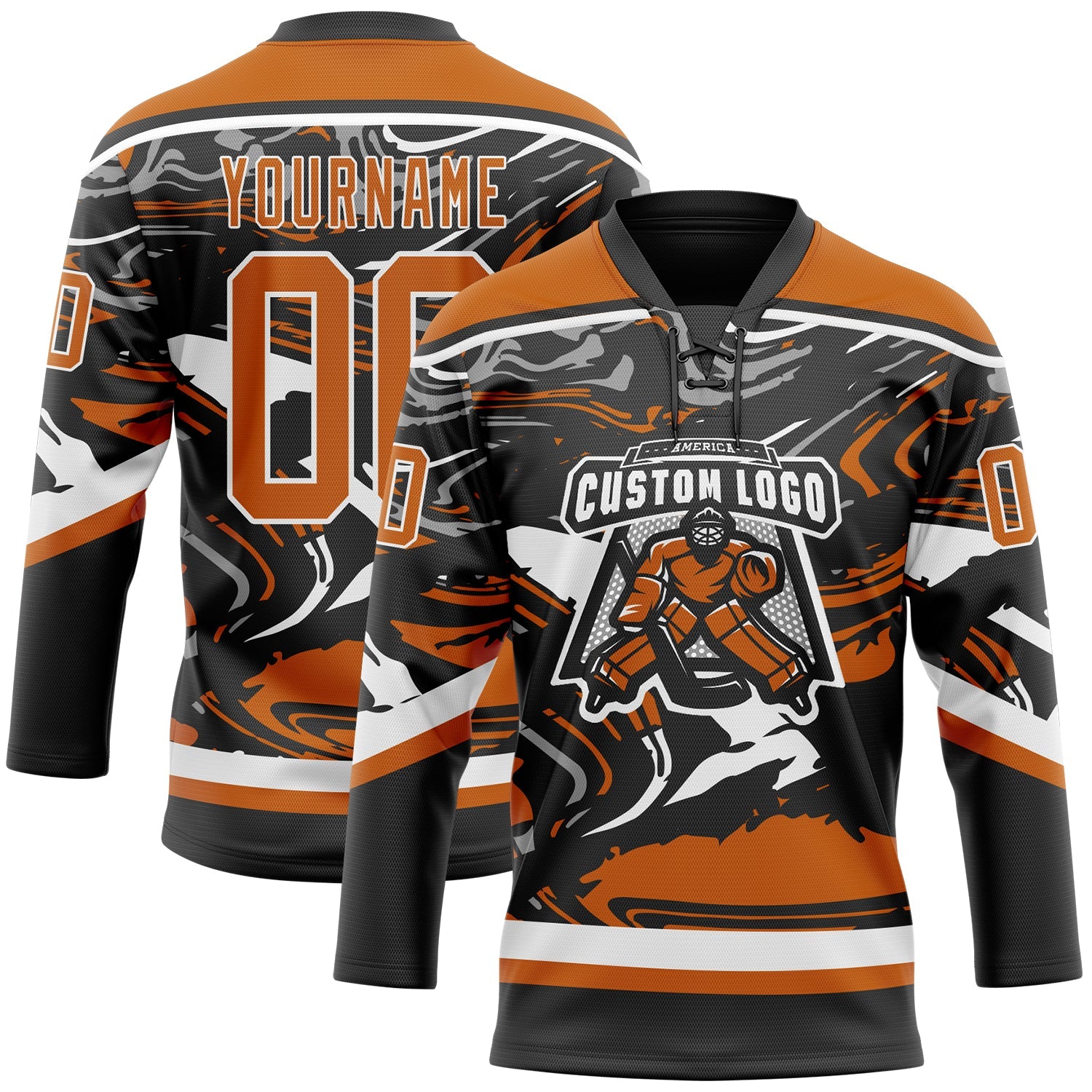 Custom Figure Texas Orange Black-White 3D Pattern Fluid Art Hockey Lace Neck Jersey view 2