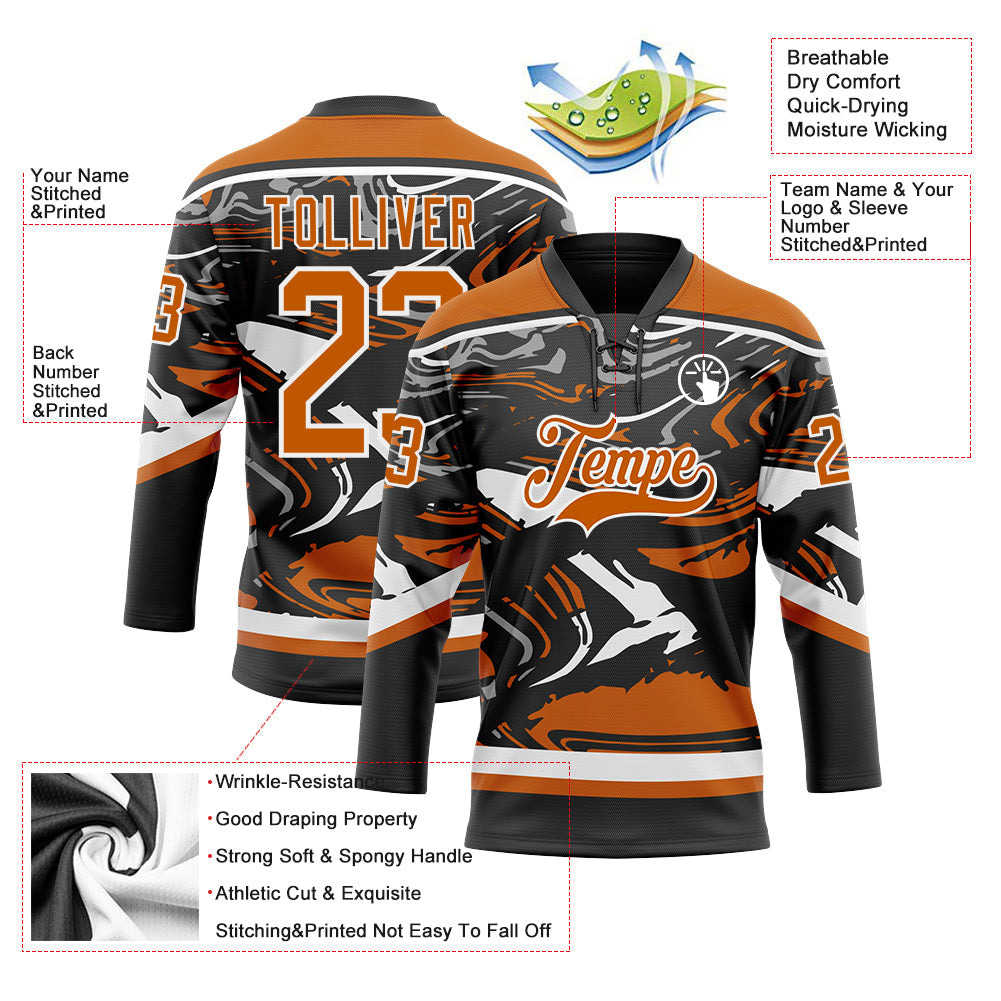 Custom Figure Texas Orange Black-White 3D Pattern Fluid Art Hockey Lace Neck Jersey view 3