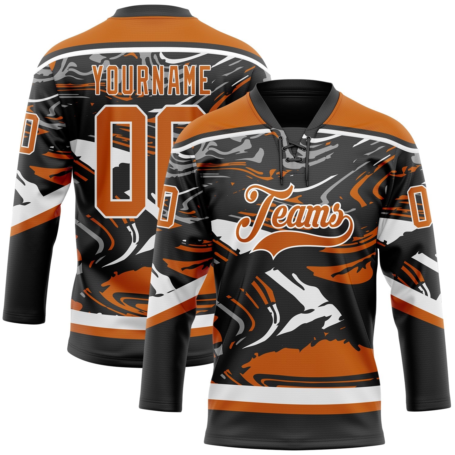 Custom Figure Texas Orange Black-White 3D Pattern Fluid Art Hockey Lace Neck Jersey - Main View
