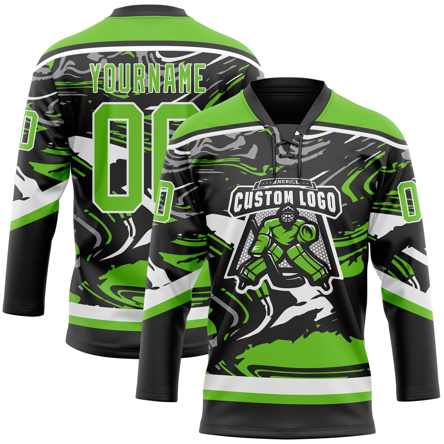 Custom Figure Aurora Green Black-White 3D Pattern Fluid Art Hockey Lace Neck Jersey view 2