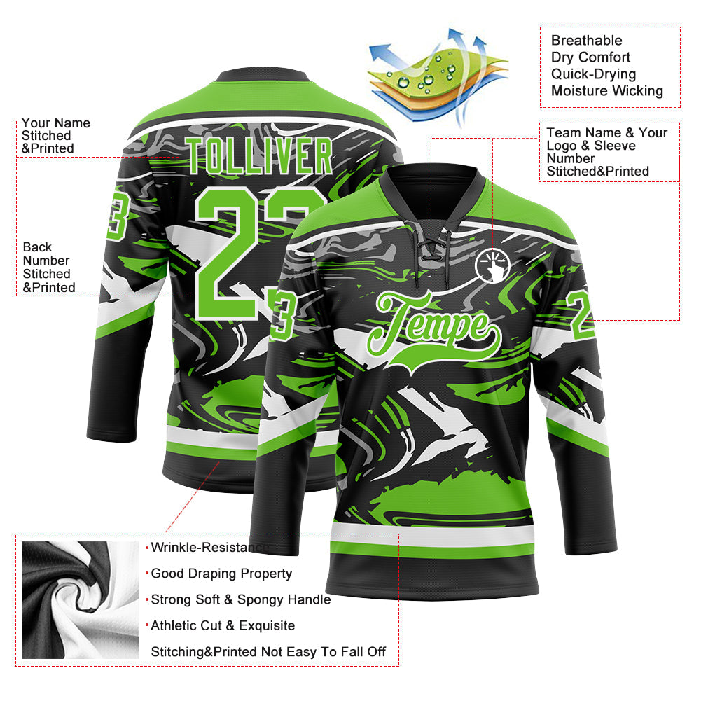 Custom Figure Aurora Green Black-White 3D Pattern Fluid Art Hockey Lace Neck Jersey view 3