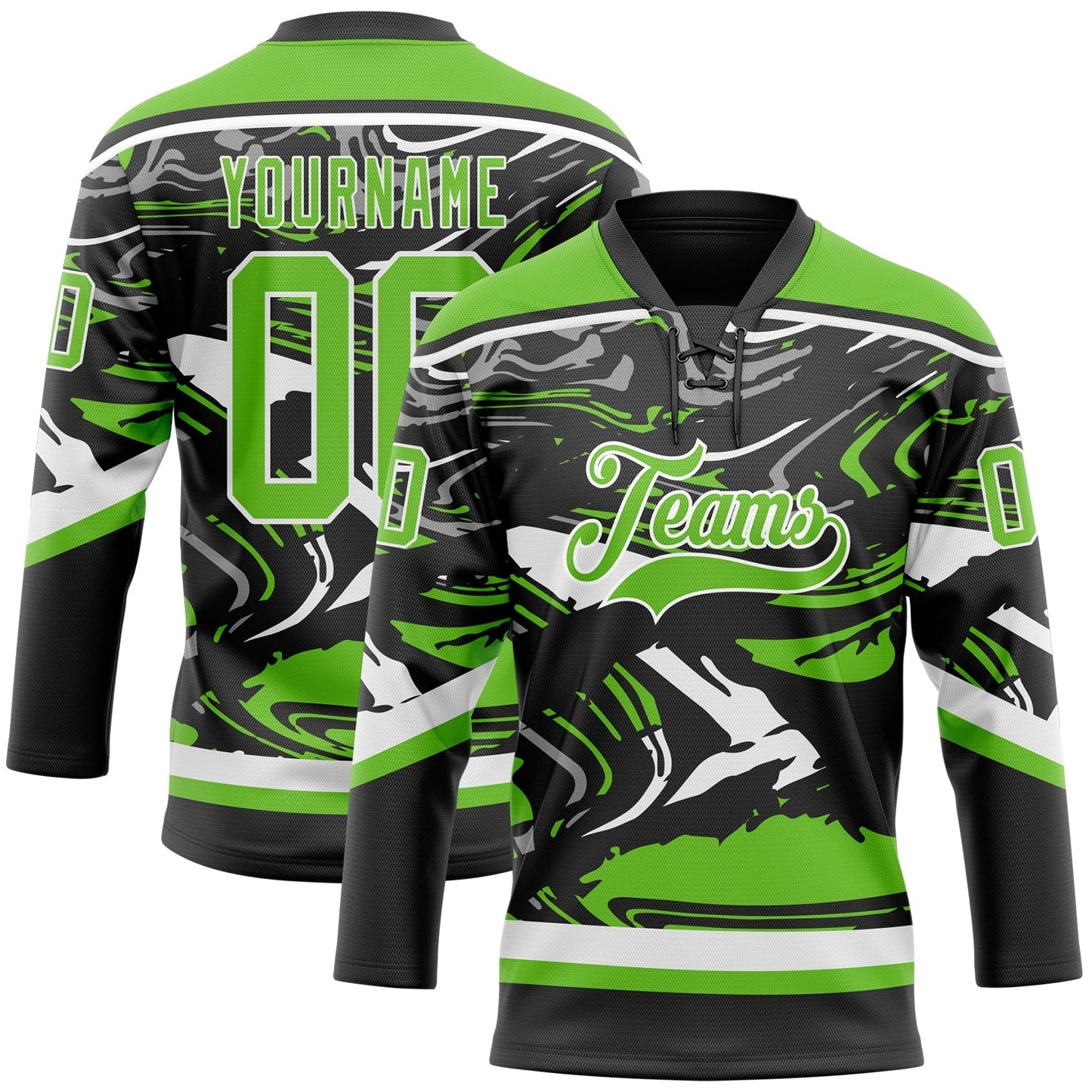 Custom Figure Aurora Green Black-White 3D Pattern Fluid Art Hockey Lace Neck Jersey - Main View
