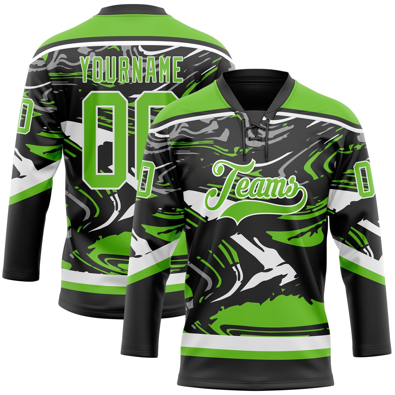 Custom Figure Aurora Green Black-White 3D Pattern Fluid Art Hockey Lace Neck Jersey - Main View